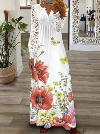 Women Floral Long Sleeve Spring/Fall Printing Dress V Neck Daily Vintage Maxi T-Shirt Dress A-Line Dress - Image 4