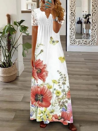 Women Floral Long Sleeve Spring/Fall Printing Dress V Neck Daily Vintage Maxi T-Shirt Dress A-Line Dress - Image 8