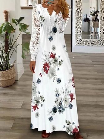 Women Floral Long Sleeve Spring/Fall Printing Dress V Neck Daily Vintage Maxi T-Shirt Dress A-Line Dress - Image 5