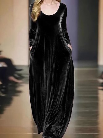 Women Plain Long Sleeve Spring/Fall Split Joint Dress Crew Neck Daily Vintage Maxi Velvet A-Line Dress - Image 5