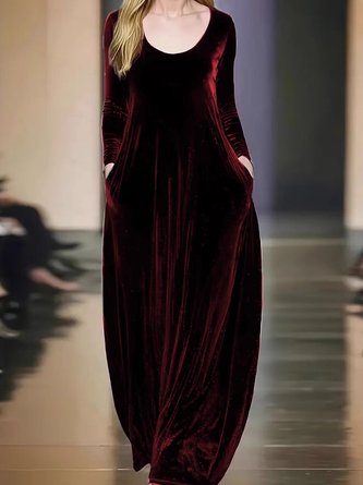 Women Plain Long Sleeve Spring/Fall Split Joint Dress Crew Neck Daily Vintage Maxi Velvet A-Line Dress - Image 2