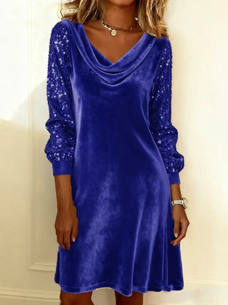 Women Plain Long Sleeve Spring/Fall Split Joint Dress Cowl Neck Daily Sexy Midi Sequin A-Line Dress - Image 8