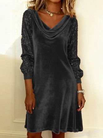 Women Plain Long Sleeve Spring/Fall Split Joint Dress Cowl Neck Daily Sexy Midi Sequin A-Line Dress - Image 6