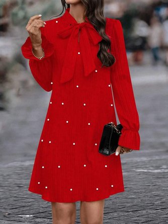 Women Plain Long Sleeve Spring/Fall Beaded Dress Lotus Leaf Collar Daily Casual Mini Fit & Flare Dress A-Line Dress - Image 4