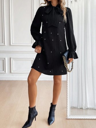 Women Plain Long Sleeve Spring/Fall Beaded Dress Lotus Leaf Collar Daily Casual Mini Fit & Flare Dress A-Line Dress - Image 9