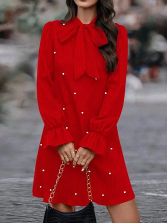 Women Plain Long Sleeve Spring/Fall Beaded Dress Lotus Leaf Collar Daily Casual Mini Fit & Flare Dress A-Line Dress