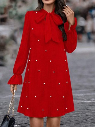 Women Plain Long Sleeve Spring/Fall Beaded Dress Lotus Leaf Collar Daily Casual Mini Fit & Flare Dress A-Line Dress - Image 3