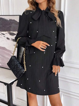Women Plain Long Sleeve Spring/Fall Beaded Dress Lotus Leaf Collar Daily Casual Mini Fit & Flare Dress A-Line Dress - Image 6