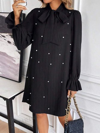Women Plain Long Sleeve Spring/Fall Beaded Dress Lotus Leaf Collar Daily Casual Mini Fit & Flare Dress A-Line Dress - Image 8