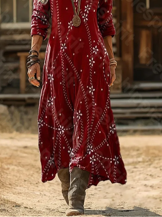 Women Abstract Long Sleeve Spring/Fall Printing Dress V Neck Daily Vintage Maxi H-Line Dress - Image 3