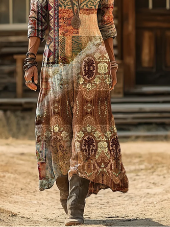 Women Abstract Long Sleeve Spring/Fall Printing Dress V Neck Daily Vintage Maxi H-Line Dress - Image 3