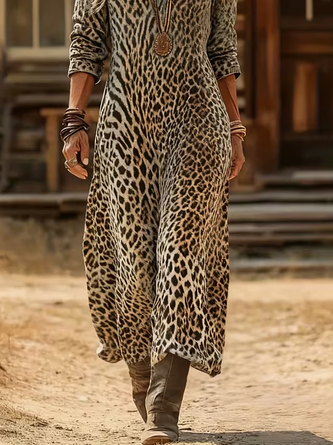 Women Leopard Long Sleeve Spring/Fall Printing Dress V Neck Daily Vintage Maxi H-Line Dress - Image 3