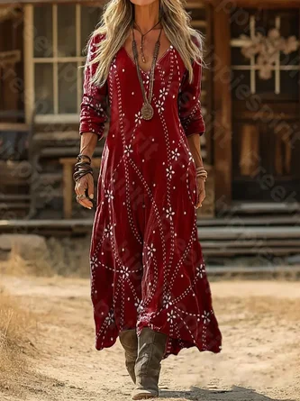 Women Abstract Long Sleeve Spring/Fall Printing Dress V Neck Daily Vintage Maxi H-Line Dress