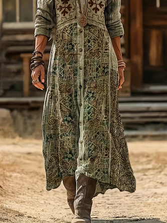Women Abstract Long Sleeve Spring/Fall Printing Dress V Neck Daily Vintage Maxi H-Line Dress - Image 3
