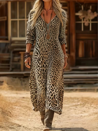 Women Leopard Long Sleeve Spring/Fall Printing Dress V Neck Daily Vintage Maxi H-Line Dress