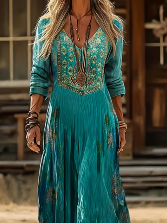 Women Ethnic Long Sleeve Spring/Fall Printing Dress V Neck Daily Vintage Maxi H-Line Dress - Image 2