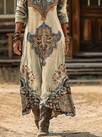 Women Abstract Long Sleeve Spring/Fall Printing Dress V Neck Daily Vintage Maxi H-Line Dress - Image 3