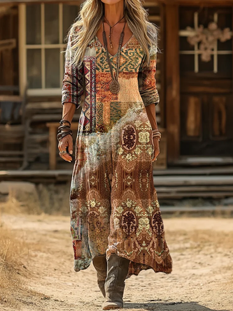 Women Abstract Long Sleeve Spring/Fall Printing Dress V Neck Daily Vintage Maxi H-Line Dress