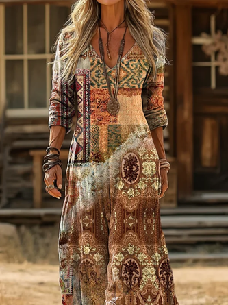 Women Abstract Long Sleeve Spring/Fall Printing Dress V Neck Daily Vintage Maxi H-Line Dress - Image 2