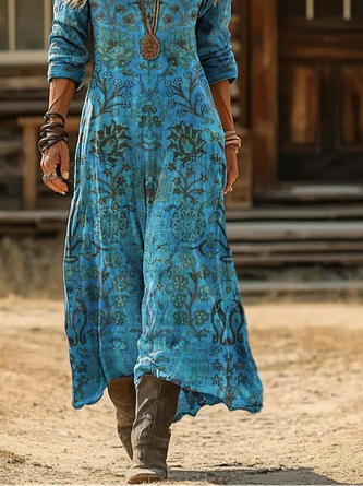 Women Floral Long Sleeve Spring/Fall Printing Dress V Neck Daily Vintage Maxi H-Line Dress - Image 3