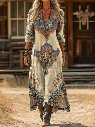 Women Abstract Long Sleeve Spring/Fall Printing Dress V Neck Daily Vintage Maxi H-Line Dress