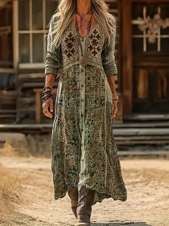 Women Abstract Long Sleeve Spring/Fall Printing Dress V Neck Daily Vintage Maxi H-Line Dress