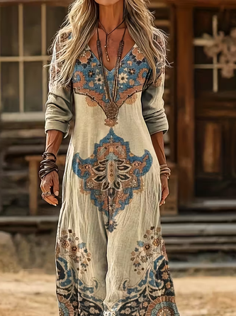 Women Abstract Long Sleeve Spring/Fall Printing Dress V Neck Daily Vintage Maxi H-Line Dress - Image 2