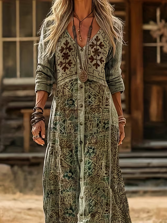 Women Abstract Long Sleeve Spring/Fall Printing Dress V Neck Daily Vintage Maxi H-Line Dress - Image 2