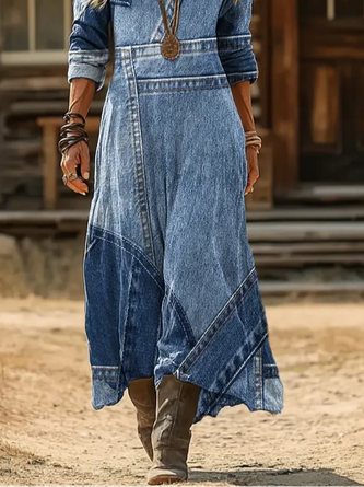 Women Faux Denim Print Graphic Long Sleeve Spring/Fall Printing Dress V Neck Daily Vintage Maxi H-Line Dress - Image 3