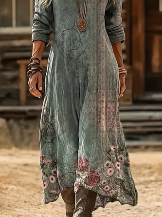 Women Floral Long Sleeve Spring/Fall Printing Dress V Neck Daily Vintage Maxi H-Line Dress - Image 3