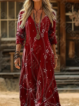 Women Abstract Long Sleeve Spring/Fall Printing Dress V Neck Daily Vintage Maxi H-Line Dress - Image 2