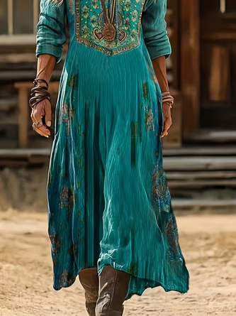 Women Ethnic Long Sleeve Spring/Fall Printing Dress V Neck Daily Vintage Maxi H-Line Dress - Image 3