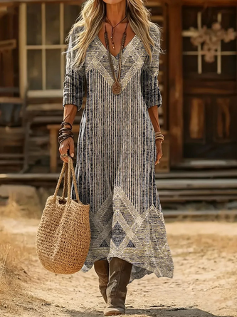 Women Abstract Long Sleeve V Neck Printing Dress Daily Vintage Maxi H-Line Spring/Fall Dress
