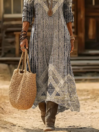 Women Abstract Long Sleeve V Neck Printing Dress Daily Vintage Maxi H-Line Spring/Fall Dress - Image 3