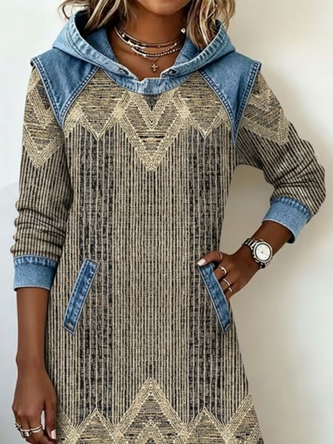 Women Abstract Long Sleeve Hoodie Printing Dress Daily Vintage Midi H-Line Spring/Fall Dress - Image 2