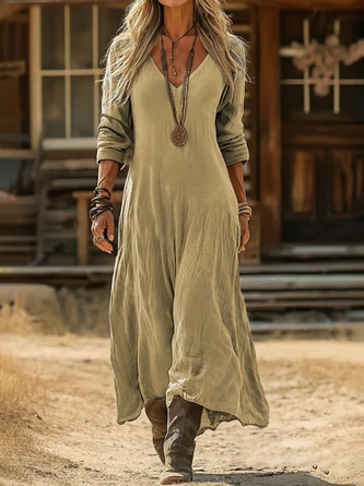 Women Plain Long Sleeve Spring/Fall Printing Dress V Neck Daily Vintage Maxi H-Line Dress - Image 2