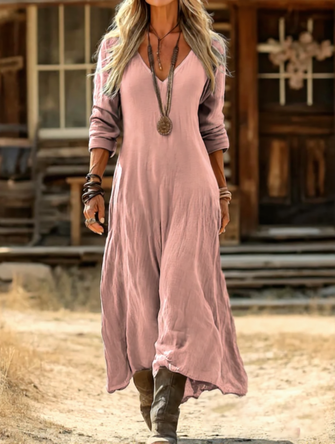 Women Plain Long Sleeve Spring/Fall Printing Dress V Neck Daily Vintage Maxi H-Line Dress - Image 3