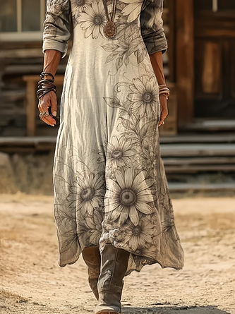 Women Floral Long Sleeve V Neck Printing Dress Daily Vintage Maxi H-Line Spring/Fall Dress - Image 3
