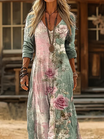 Women Floral Long Sleeve V Neck Printing Dress Daily Vintage Maxi H-Line Spring/Fall Dress - Image 2
