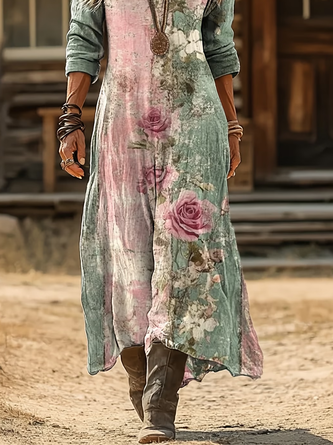 Women Floral Long Sleeve V Neck Printing Dress Daily Vintage Maxi H-Line Spring/Fall Dress - Image 3