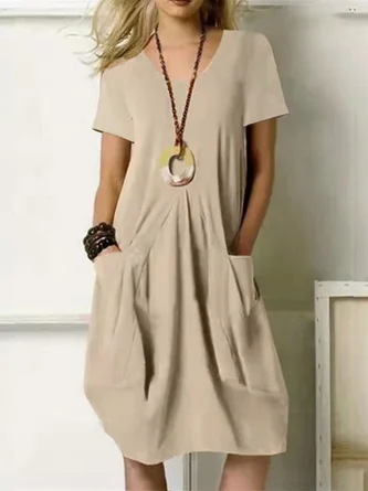 Plain Short Sleeve Crew Neck Dress Daily Casual Midi Line Summer Dress