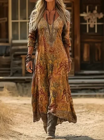 Women Abstract Long Sleeve V Neck Printing Dress Daily Vintage Maxi H-Line Spring/Fall Dress