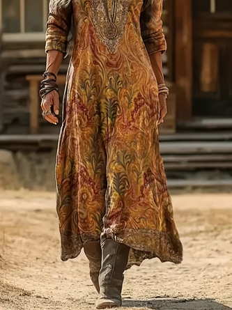 Women Abstract Long Sleeve V Neck Printing Dress Daily Vintage Maxi H-Line Spring/Fall Dress - Image 3
