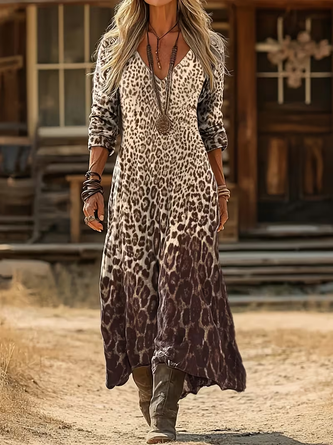 Women Leopard Long Sleeve V Neck Printing Dress Daily Vintage Maxi H-Line Spring/Fall Dress