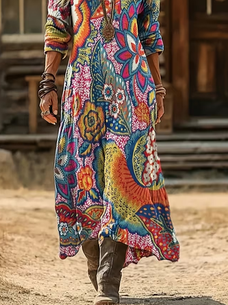 Women Floral Long Sleeve V Neck Printing Dress Daily Vintage Maxi H-Line Spring/Fall Dress - Image 3