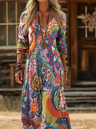 Women Floral Long Sleeve V Neck Printing Dress Daily Vintage Maxi H-Line Spring/Fall Dress - Image 2