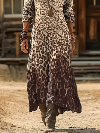 Women Leopard Long Sleeve V Neck Printing Dress Daily Vintage Maxi H-Line Spring/Fall Dress - Image 3