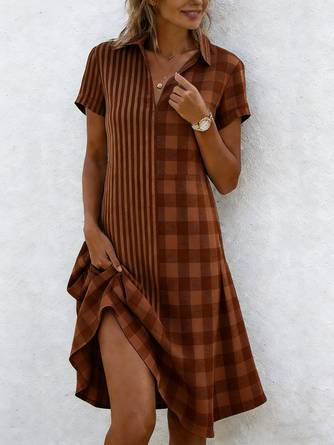 Women Striped Short Sleeve Shawl Collar Dress Daily Casual Midi Shirt Dress A-Line All Season Dress - Image 8