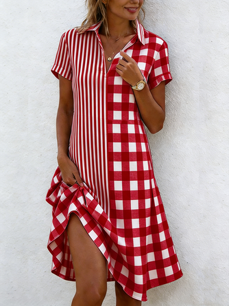 Women Striped Short Sleeve Shawl Collar Dress Daily Casual Midi Shirt Dress A-Line All Season Dress - Image 6