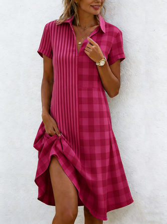 Women Striped Short Sleeve Shawl Collar Dress Daily Casual Midi Shirt Dress A-Line All Season Dress - Image 7